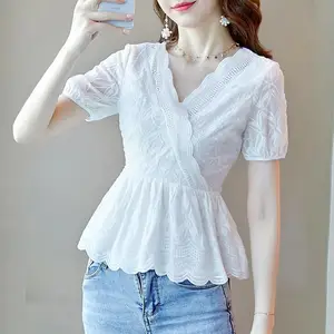 Модные женские шифоновые блузки на весну и лето, женские облегающие повседневные рубашки с коротким рукавом и V-образным вырезом, женские блузы, топы DF3365
