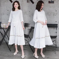 white maternity long dress summer fashion slim waist clothes for pregnant women elegant cotton pregnancy clothing
