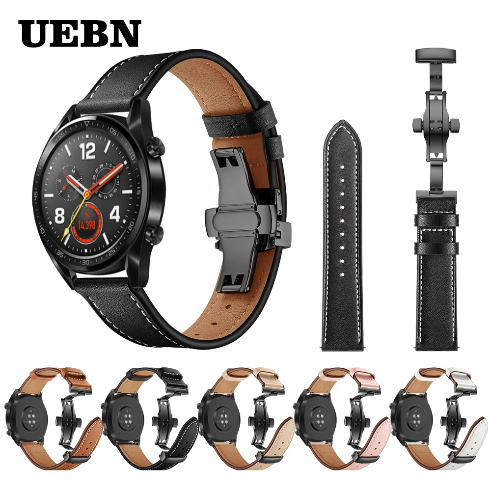 

Ремешок UEBN кожаный для Huawei Watch GT 2 42 мм 46 мм, черный браслет с застежкой-бабочкой для HONOR Watch Magic, 20 мм 22 мм