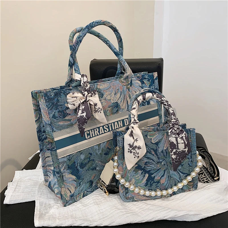 

Gothic Design Flower Painting Scarf Big Double Handle Tote Bags For Women Pearl Wide Strap High Quality Shoulder Crossbody Bags