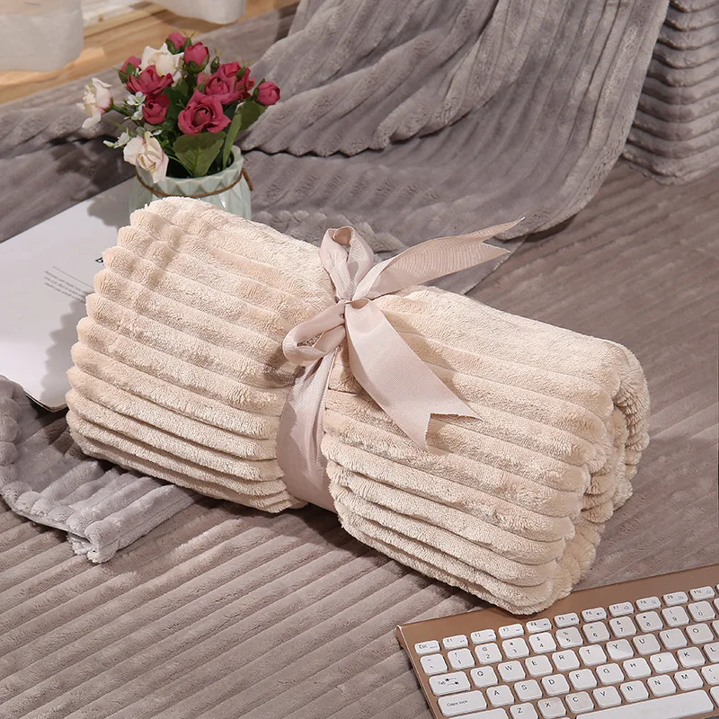 

Soft Warm Coral Fleece Blanket Winter Throw Blanket Stripes Plush Bedspread Cover Blanket Light Thin Flannel Blanket For Bed