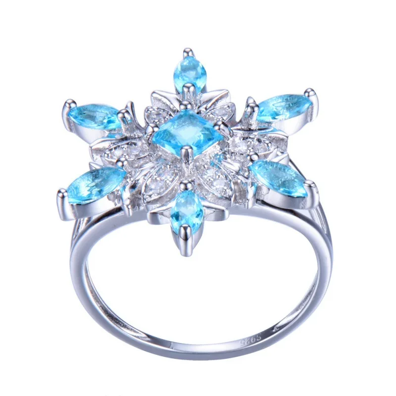Euramerican Blue Zircon Flower Rings For Women Elegant Chic Snowflake With Stone Christmas Jewelry Gifts 2020 | Украшения и