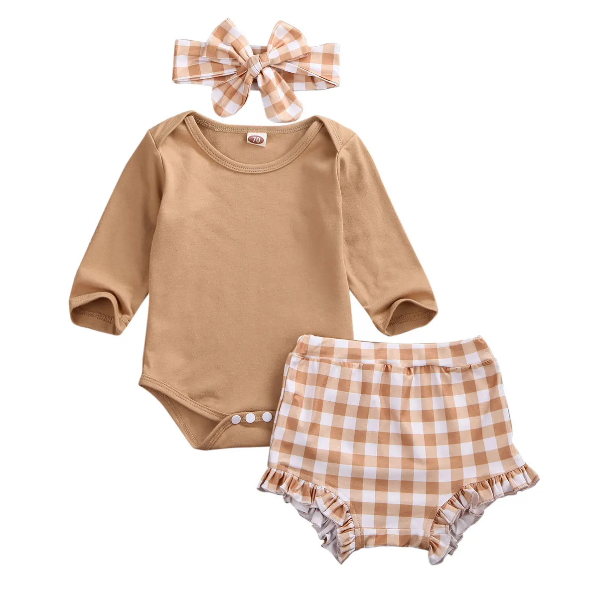 

3pcs Baby Spring Autumn Clothing Infant Baby Girl Long Sleeve Tops Romper+Plaid Shorts Headband Outfit Clothes