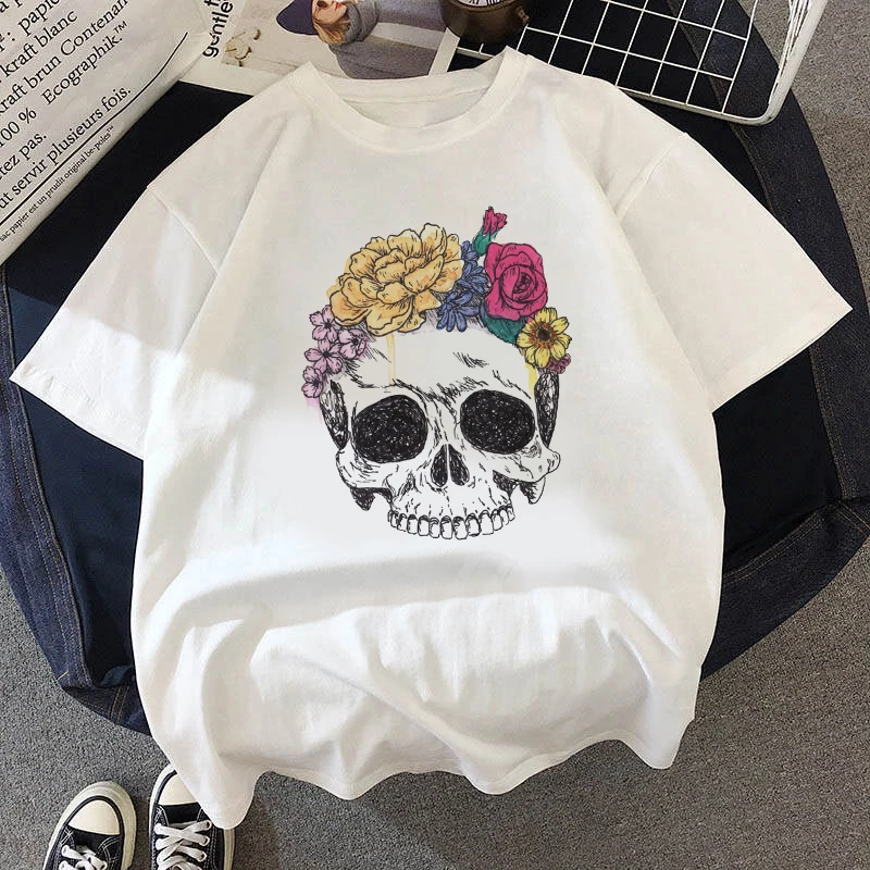 

Women Soft Casual White T shirts Creative skeleton summer Regular T-shirt Tops funny printed streetwear T-shirt