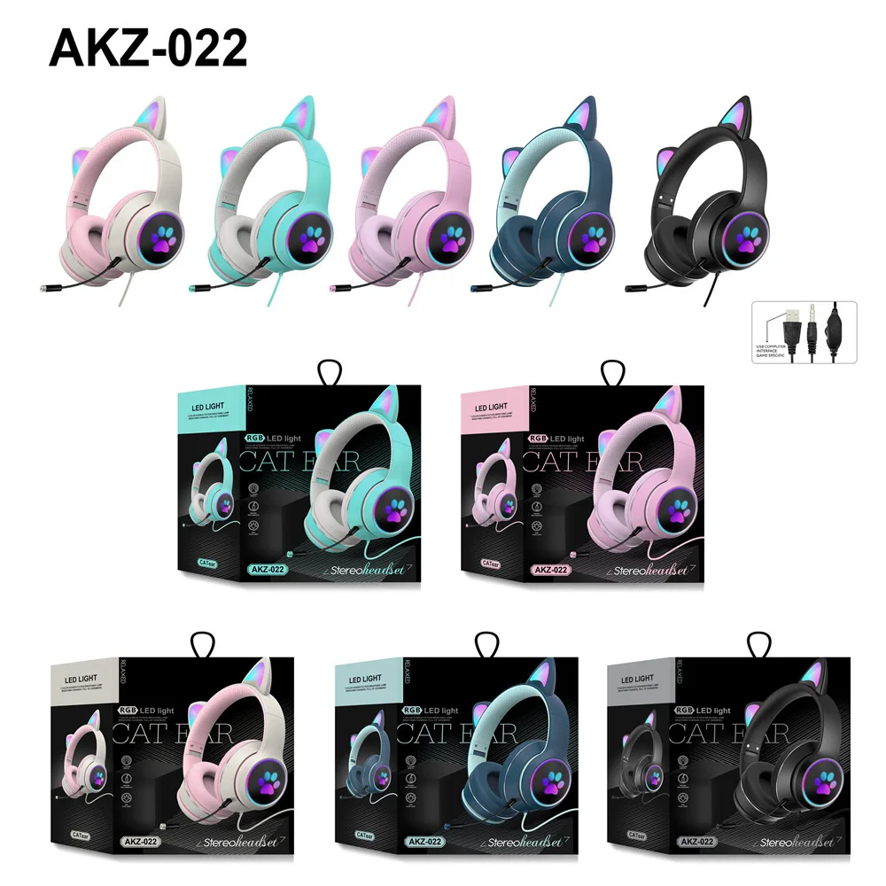 

New wired cat ear headphones pluggable noise reduction dual mic virtual 7.1 channel LED lighting cute girl gaming headset