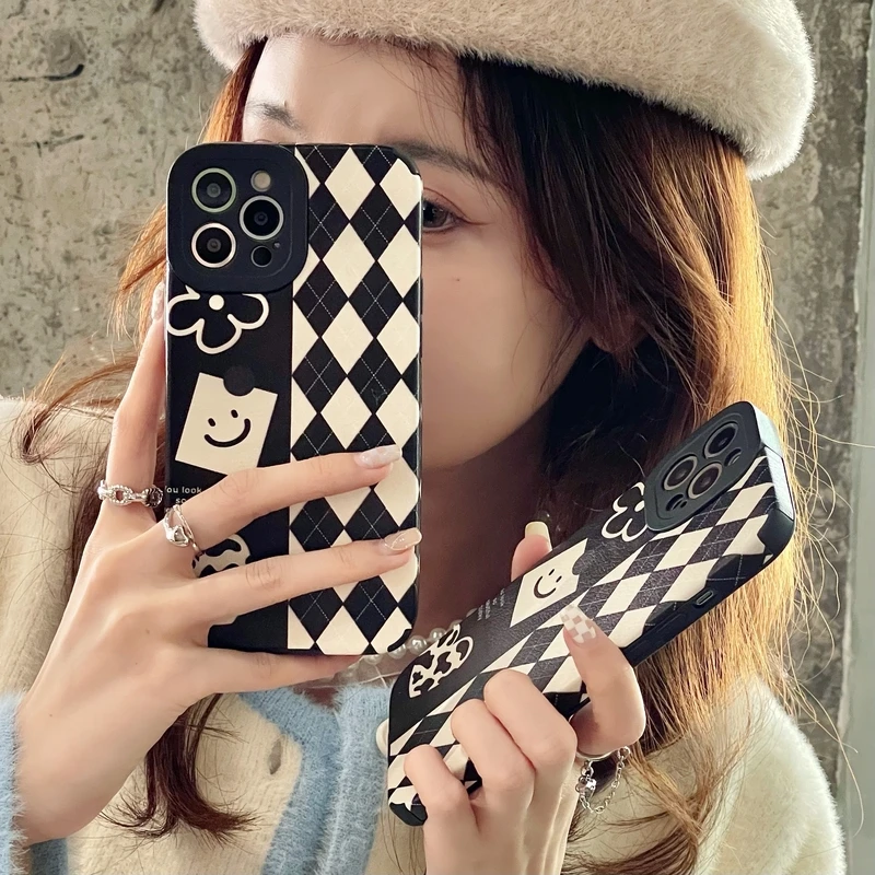 art retro smiley face graffiti plaid korea phone case for iphone 12 11 pro max x xs max xr 7 8 plus cases soft leather cover free global shipping