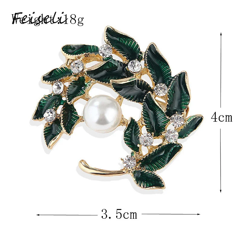 Feiseli Green Leaf Twig Wreath Faux Pearl Brooch For Women Elegant Banquet Wedding Cardigan Corsage Plants Lapel Pin Jewelry | Украшения и