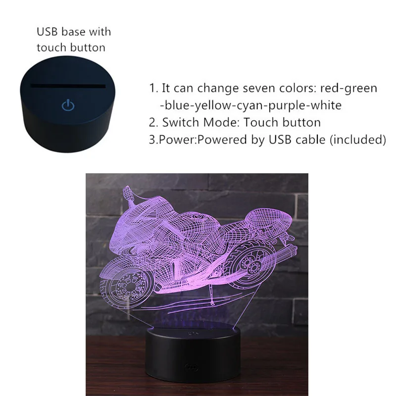 Мотоцикл 3DIllusion лампа светодиодный Ночной светильник с питанием от USB 7 Цвета