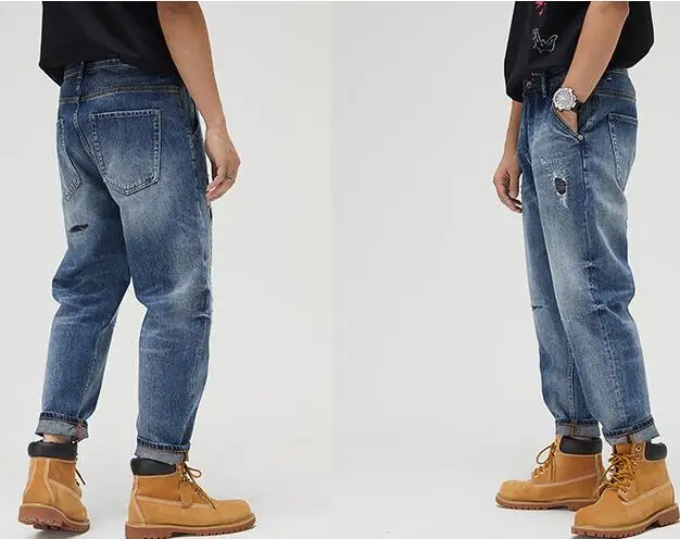 Men Jeans Denim Loose Straight Leg Ripped Patch Jeans Men Retro Beggar Ripped Jeans
