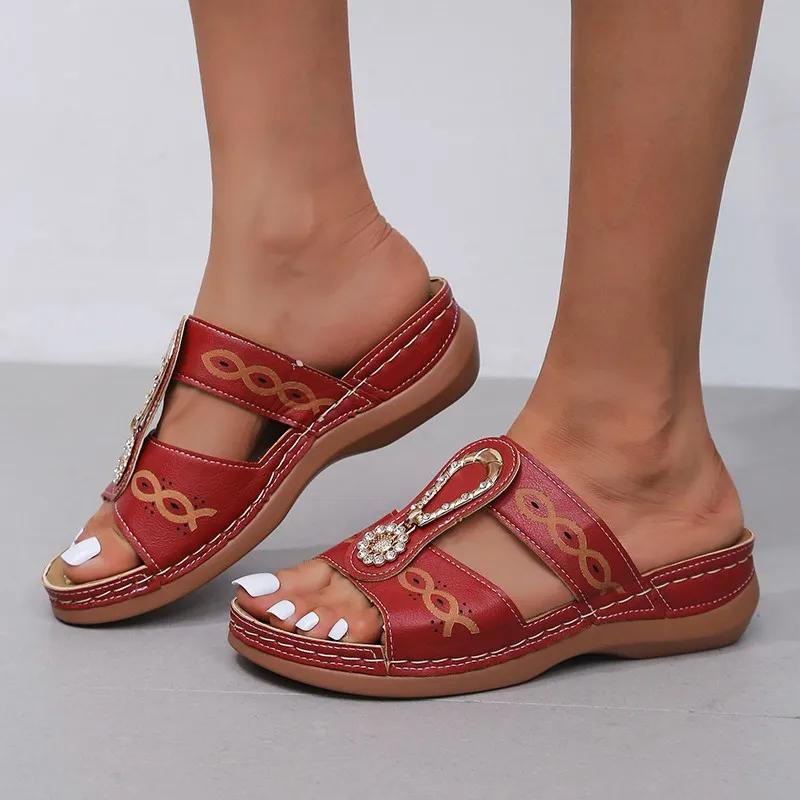 

Premium Orthopedic Open Toe Slippers Summer Women Wedge Sandals Vintage Anti-Slip Leather Casual Female Platform Retro Shoes