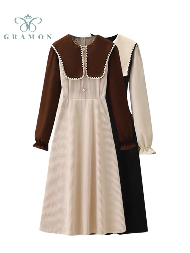 

Mujer Vestidos Autumn Winter Fashion Hepburn Wind Vintage Plus Size Long Sleeve Peter Pan Collar Patchwork A-line Corduroy Dress