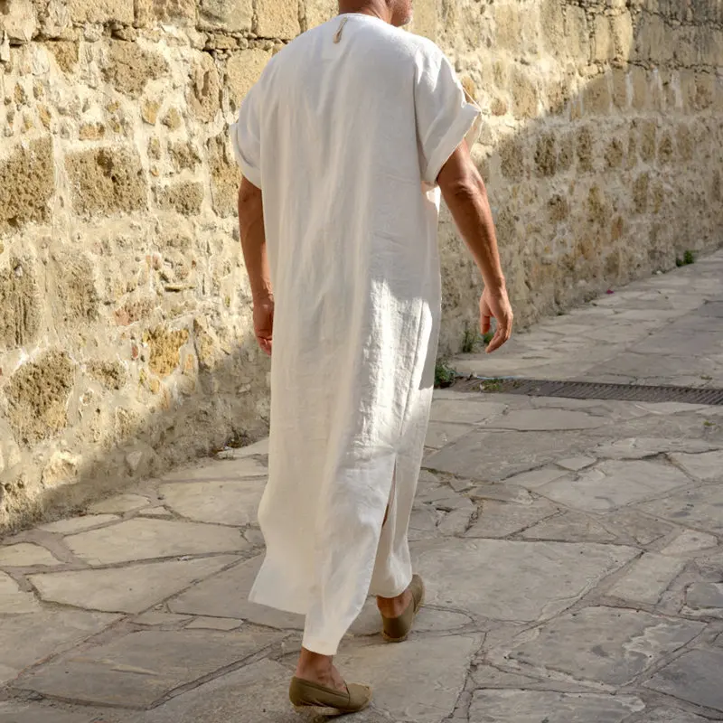 

Men Robes Kaftan Muslim Arab Islamic V-neck Short Sleeve Solid CottonThobe Vintage Loungewear Plus Size Arabia Man