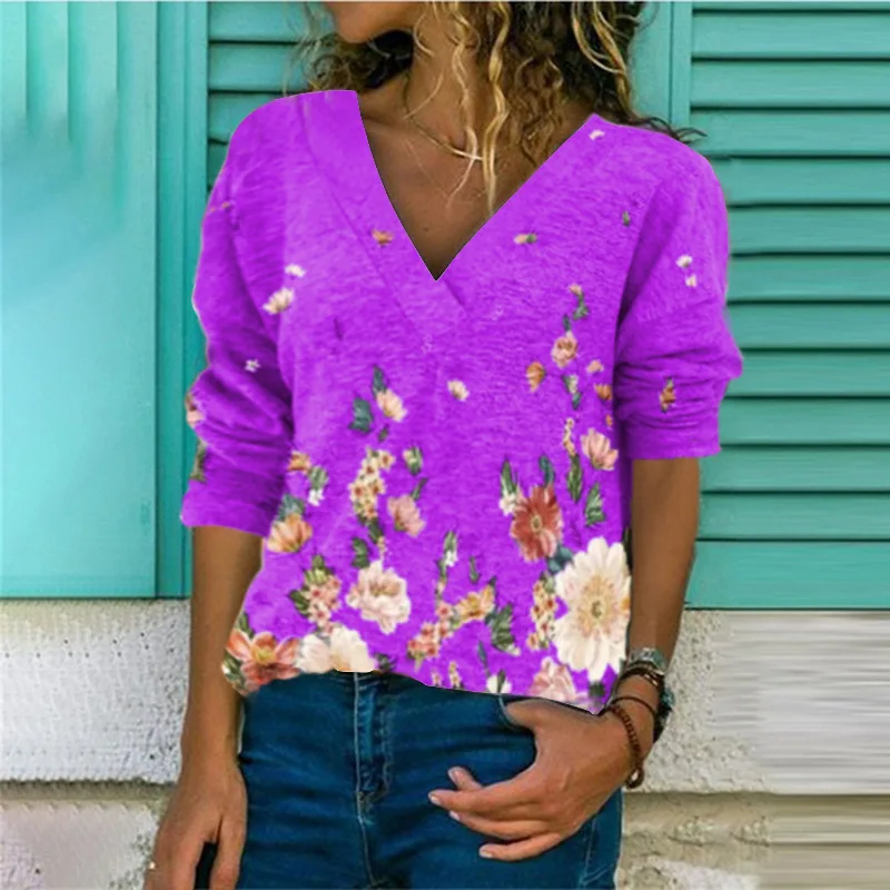 

Spring New Women's Cuihua Printing Casual Loose V-neck Long Sleeve T-Shirt Oversized S-5xl