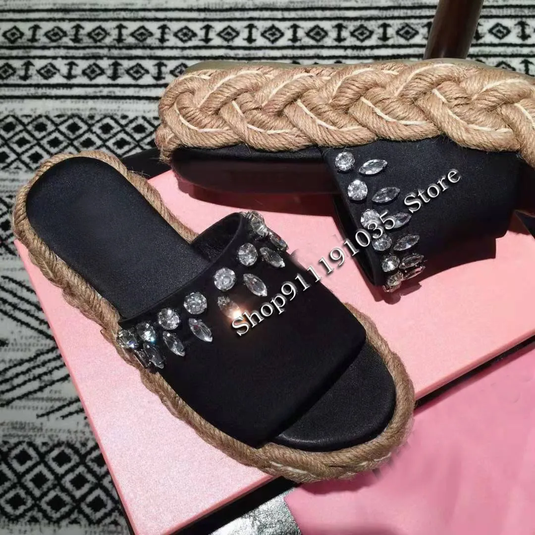 

Designer brand top quality handmade rhinestone decoration with straw woven thick bottom silk fabric luxury trendy fashion women'