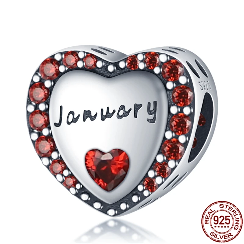

100% Real 925 Sterling Silver Orange-Red January Heart-Shaped Beads Fit Original 3mm Bracelet&Bangle Women Fashion Jewelry Gift