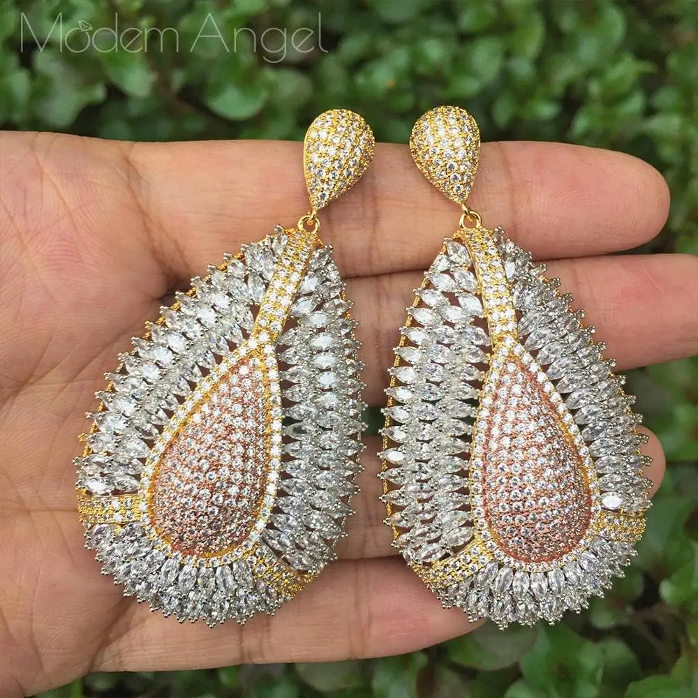 

ModemAngel Trendy Flower Luxury Water Drop Full Mirco Cubic Zirconia Women Engagement Width Earrings Fashion Jewelry Gift