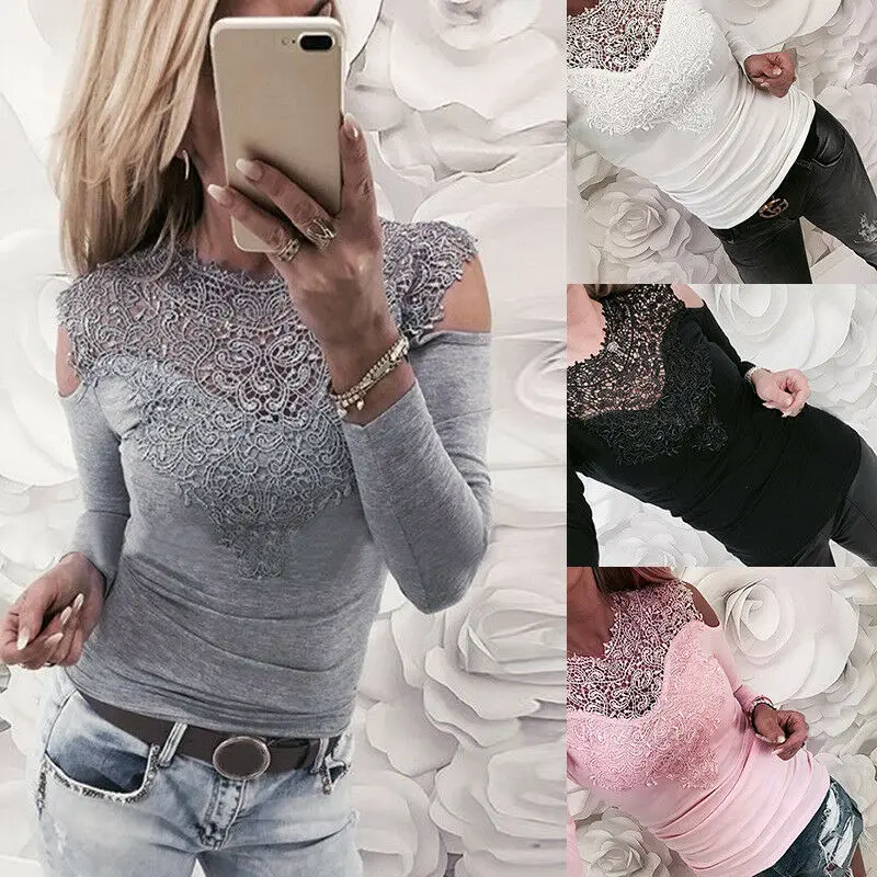 

Spring Lace Blouses Women Off Shoulder Shirt Sexy Lace Shirt Long Sleeve Slim Summer Street Wear Tops New Grace Female Tops