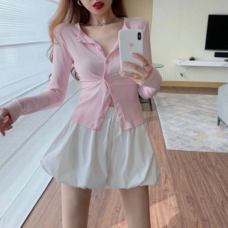 

Женский трикотажный Костюм-двойка, Кардиган с длинным рукавом и юбка с высокой талией, повседневные брюки с широкими штанинами, шорты-шаров...