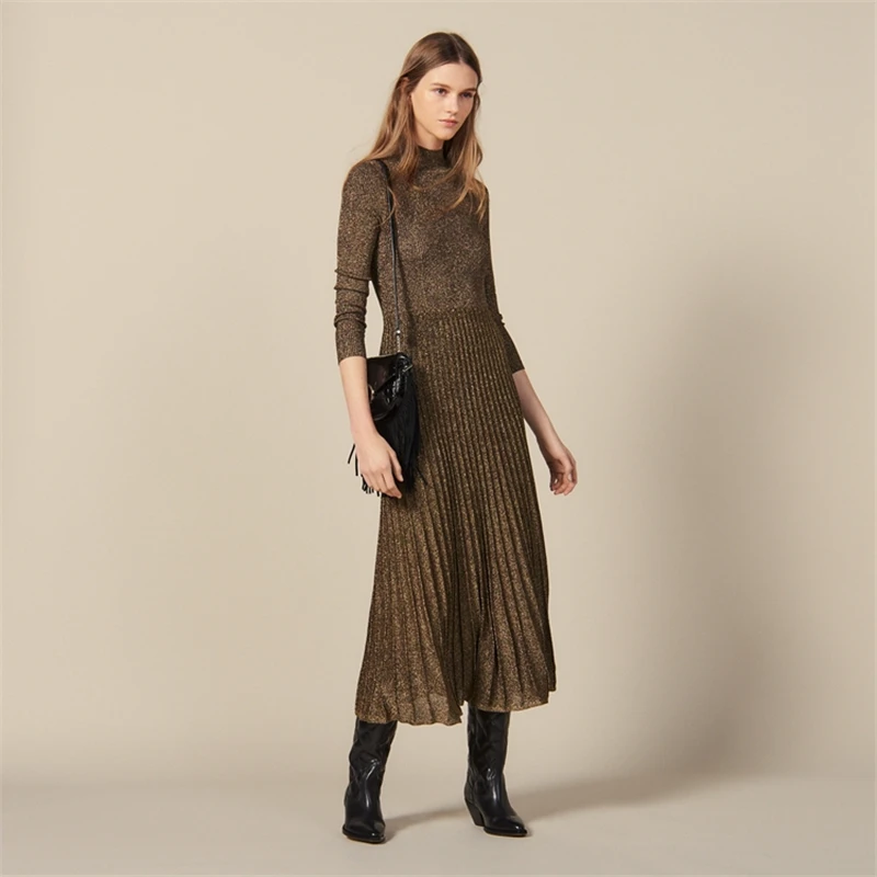Туника Облегающая водолазка однотонное платье для женщин Vestido Longo люрекс вязаный халат элегантный облегающий пуловер Джемпер с длинными рукавами