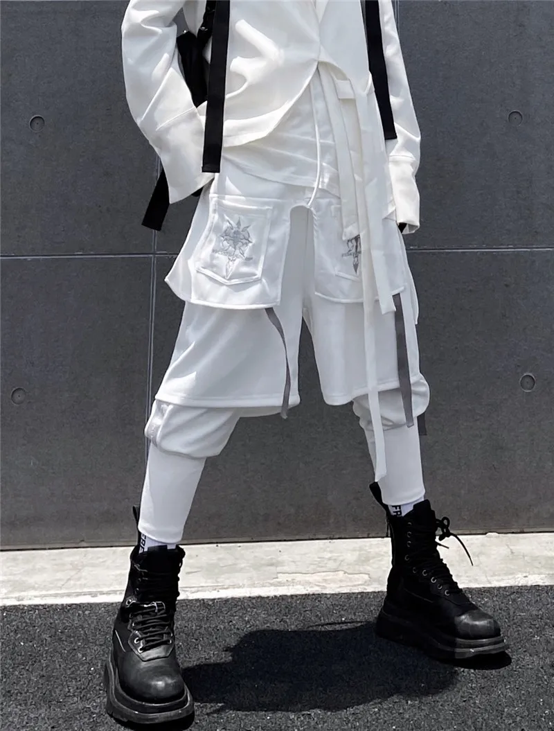 

Embroidered Culottes Men's Double-Layer Loose Bottoming Shorts Multi-Layer Hem Design Capri-Pants Harem Pants V2-KZ72