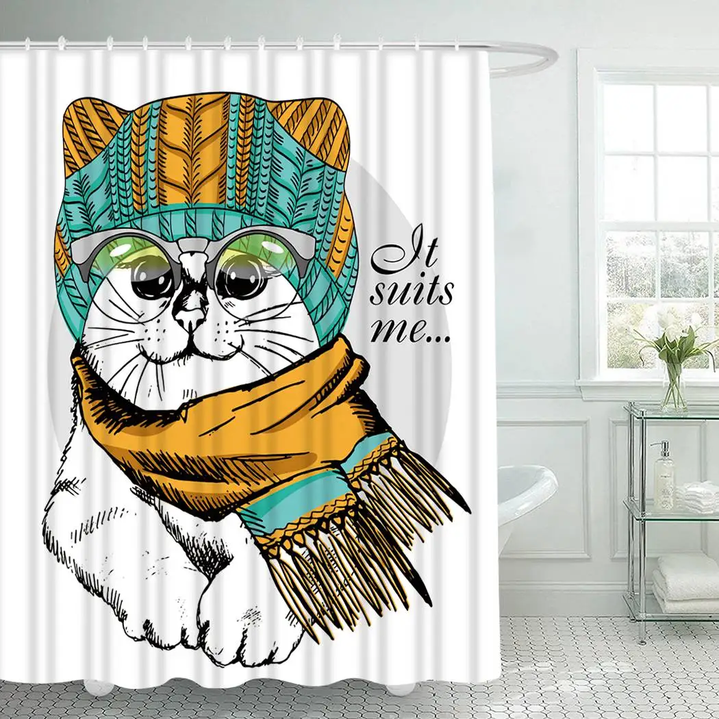 Занавеска для душа с животными и крючками ванной комнаты головной убор котом