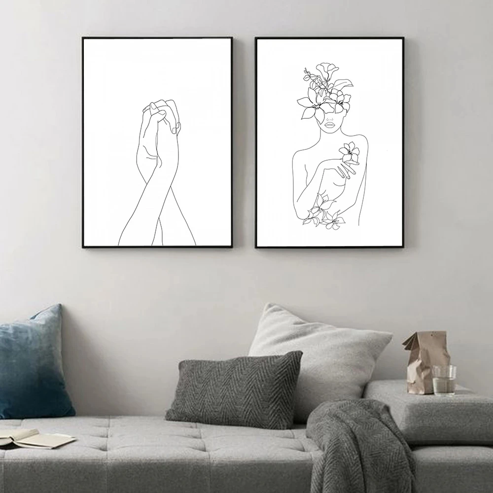 

Line Woman Face with Flowers Abstract Art Canvas Painting Living Room Bedroom Cafe Internet Nordic Style Wall Art Pict