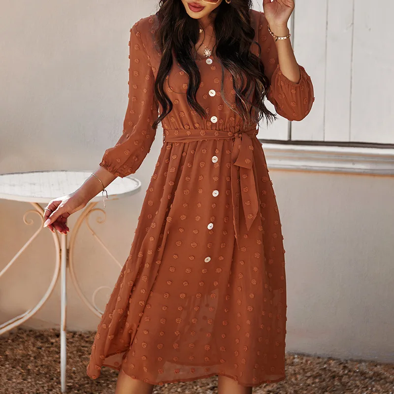 

Women Vintage Solid Color A-Line Dress Casual V Neck Three Quarter Sleeve Single Breasted Sashes Dress Spring New Fashion Dress