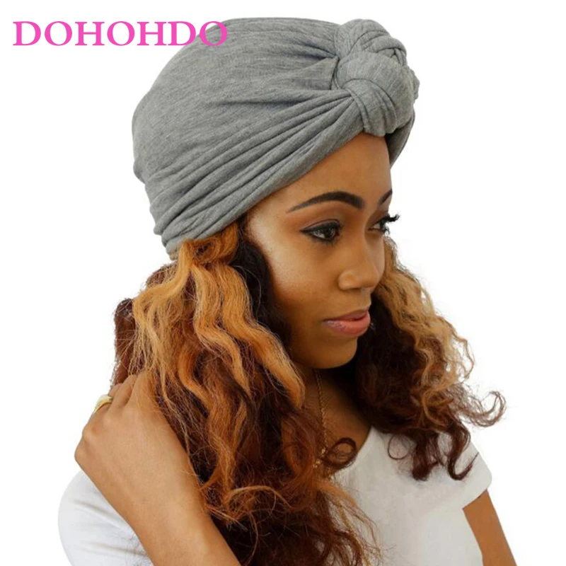 

DOHOHDO 2022 New Cotton Turban Hat Solid Color Women African Twist Headwrap Ladies Head Wraps Arab India Bonnet Hat Hijabs Cap