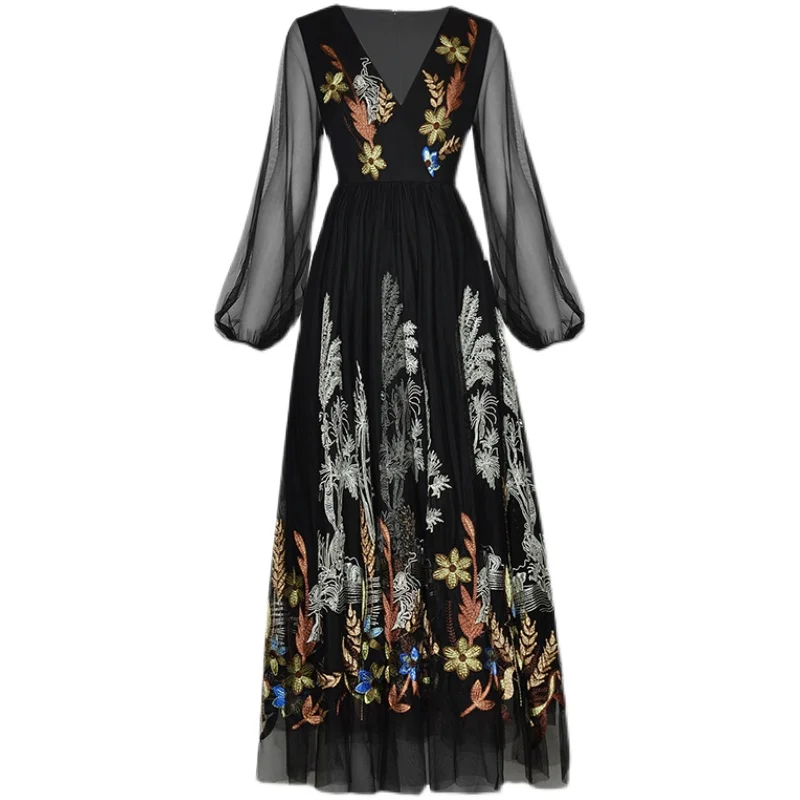 

Женское длинное платье с вышивкой, модельное платье с длинным рукавом и V-образным вырезом, лето 2019