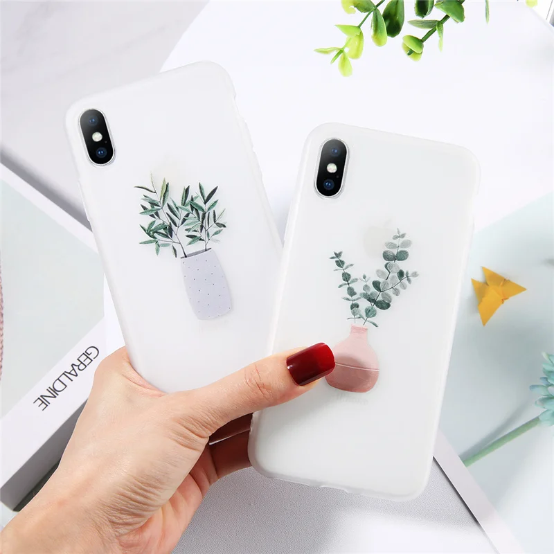 

Kowkaka Green Potted Plant Leaf Phone Case For iPhone 13 12 11 Pro Max Mini X XS Max XR 7 8 Plus SE Soft TPU Transparent Cover