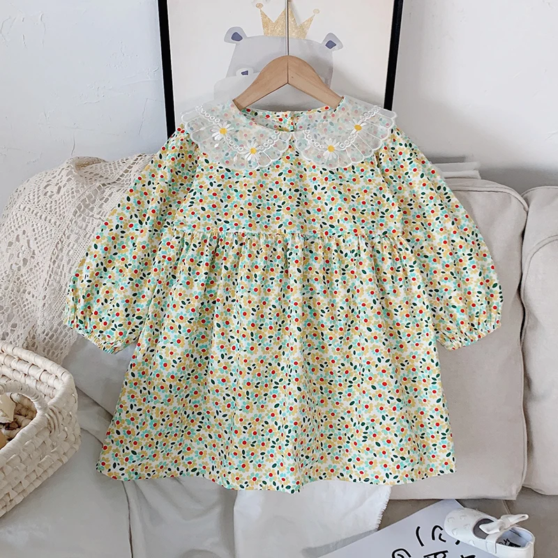 

Spring Floral Girl Dress New Baby Lace Embroidery Print Collar Fashion Princess Dress Sweet Children Clothes