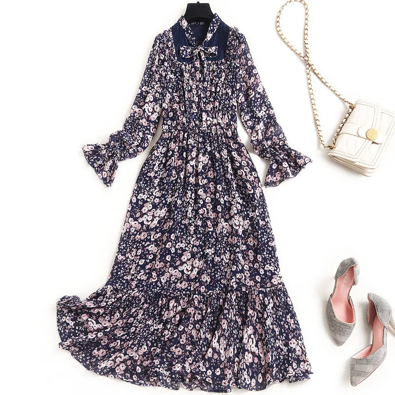 

Women Elegant Spring Long Sleeve Bow Collar Chiffon Print Dress Festa Lace Patchwork Aline Robe Femme Mid Calf Holiday Vestidos