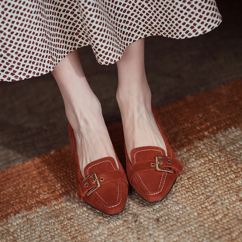 

women's shoes natural leather pumps 22-24.5cm Sheep suede full leather retro Metal buckle women shoes ladies pumps Elegant shoes