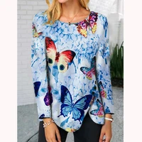 women casual t shirts round neck butterfly printed button lower hem irregular long sleeve autumn pullover t shirts lady tops