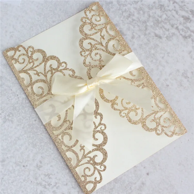 Glittery laser cut wedding invitations marriage lace rose gold cards ribbon decorated | Дом и сад