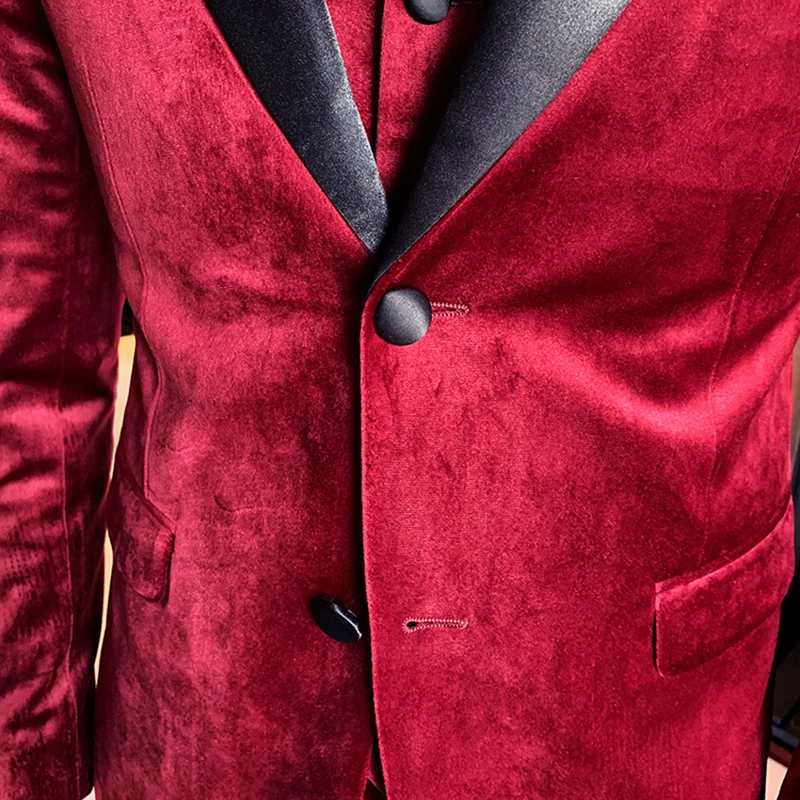 Зимние Бархатные мужские костюмы платье толстый винно красный черный