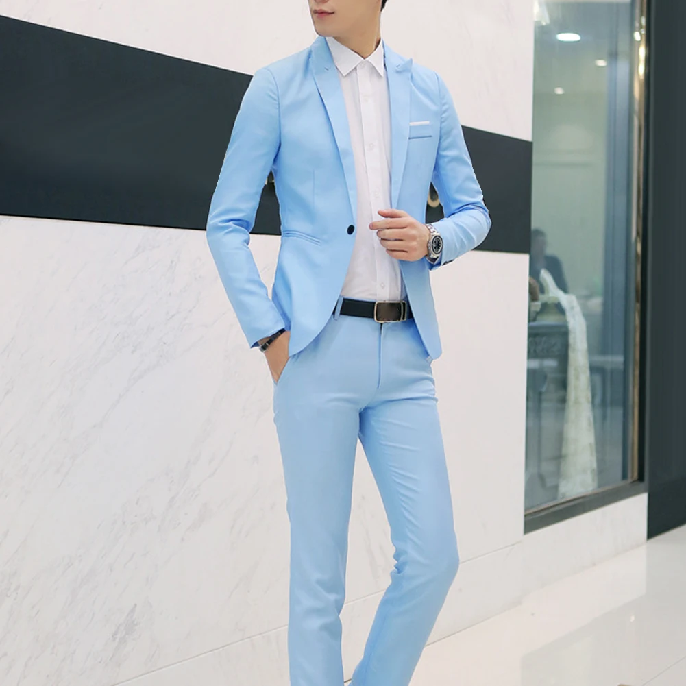 

2Pcs Fashion Men Solid Color Lapel Button Long Sleeve Slim Blazer Suit Pants