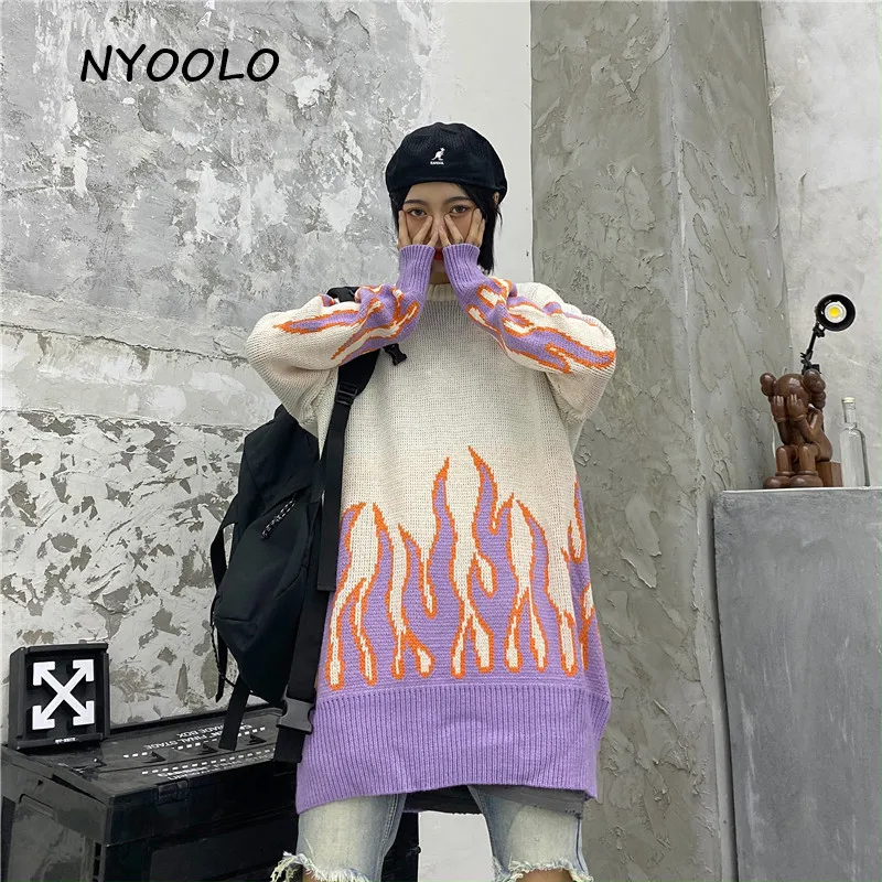NYOOLO Autumn Winter streetwear flame patchwork loose sweaters Casual long sleeve O-neck pullovers women men outerwear | Женская одежда