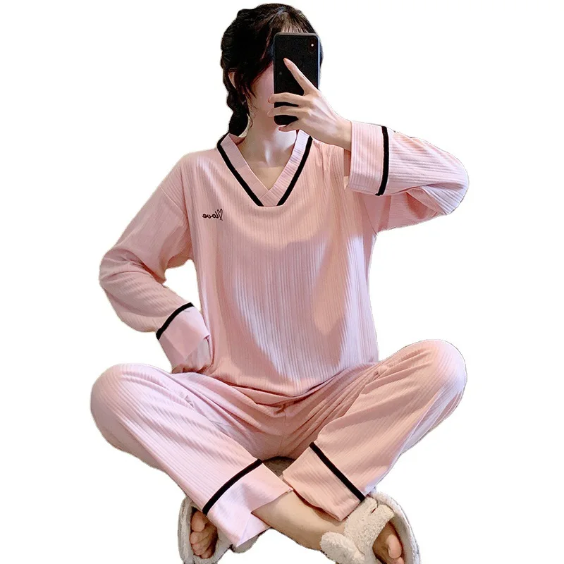 

Spring Pijamas Summer Cotton Pajamas Women Cute Japanese V-neck Long Sleeved Trousers Home Service Suit Simple Solid Sleepwear
