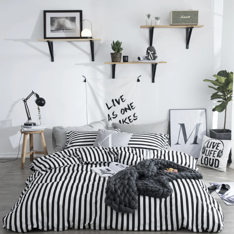 

Black and White Leaf Diagonal Vertical Stripes Plaid Bedding Set Full Queen Size Cotton Duvet Cover Flat Sheets or Fitted Sheets