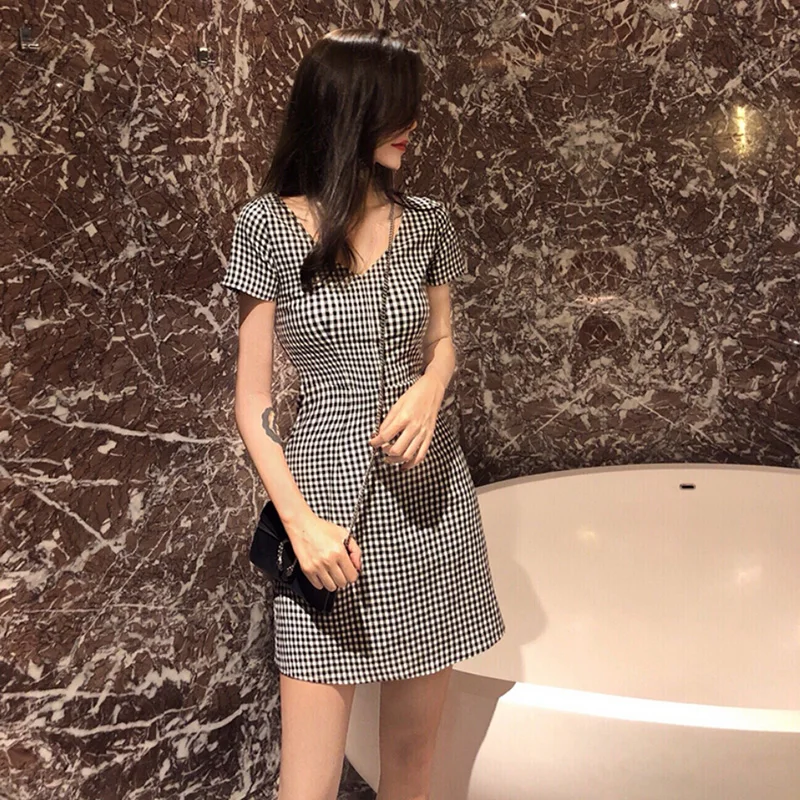 

Korean Mini Dresses Retro V Neck Plaid Slim Casual Sexy Bodycon Fashion Dress