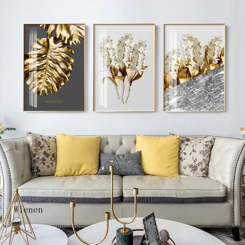 

Golden Abstract Leaf and Flower Canvas Painting White Feathers Nordic Poster Print Wall Art Picture for Living Room Home Decor