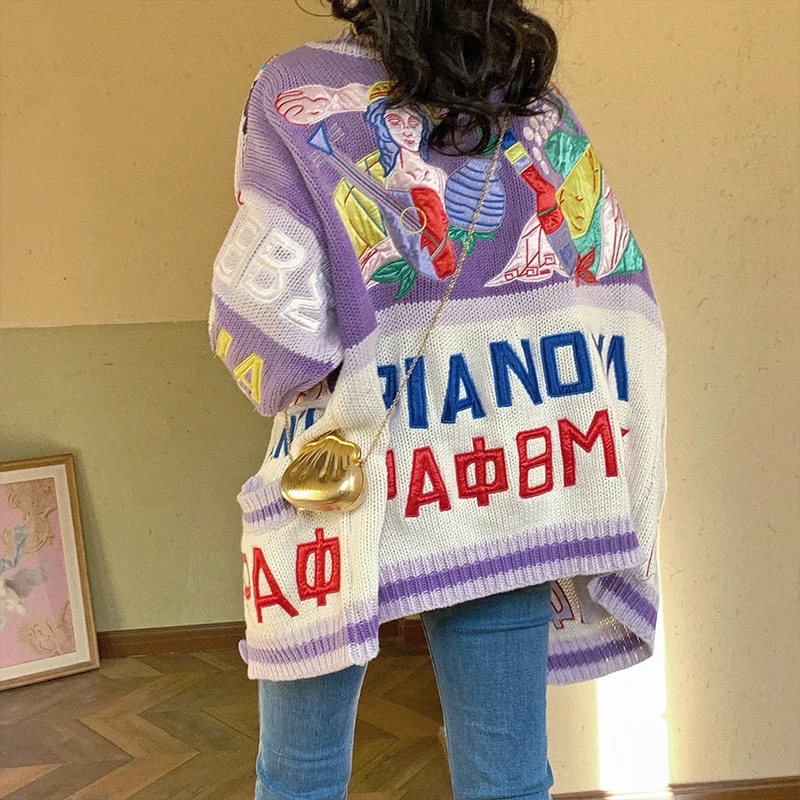 

Women's Retro Knit Cardigans autumnembroidery loose sloth sweaters, 2021