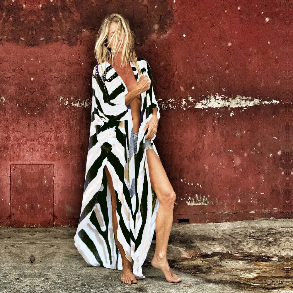 

2021 Boho Zebra Pattern Chiffon Bathing Suit Cover-ups Plus Size Beach Wear Kimono Dress Women Summer Swimsuit Cover Up A792