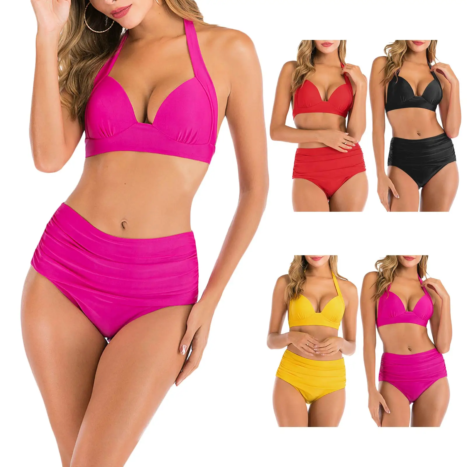 

2021 NEW Women Sexy Soild Print Bikini Set Push Up Bathing Halter S/M/ XL/2XL/ 3XL triangle Swimwear female High waist Swimsuit