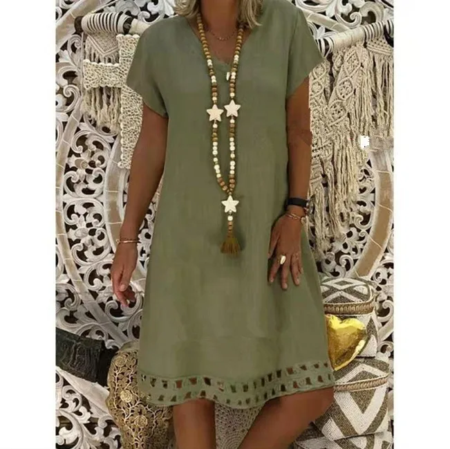 Женское летнее пляжное хлопковое льняное платье повседневное однотонное с