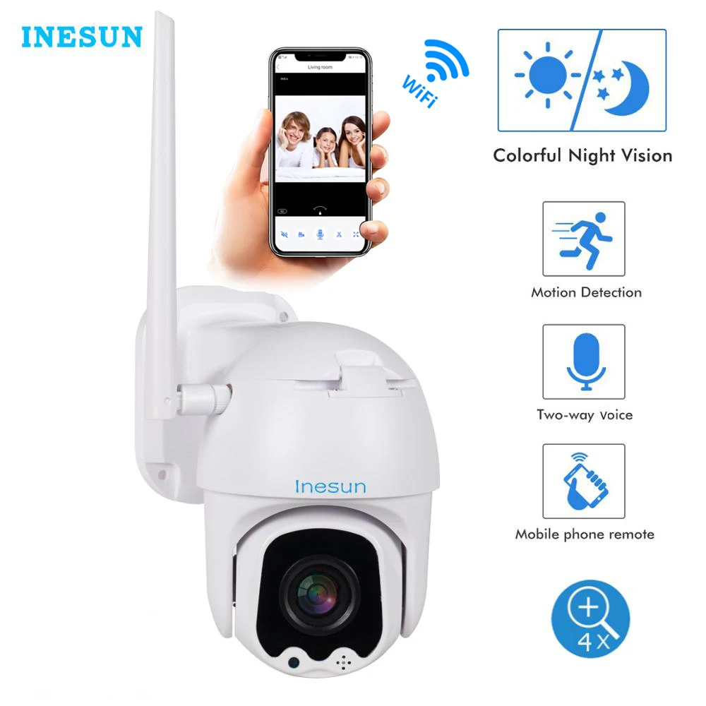 Inesun PTZ WiFi камера наружная 2MP HD 1080P ip безопасности 4X Zoom двухсторонняя аудио 165ft