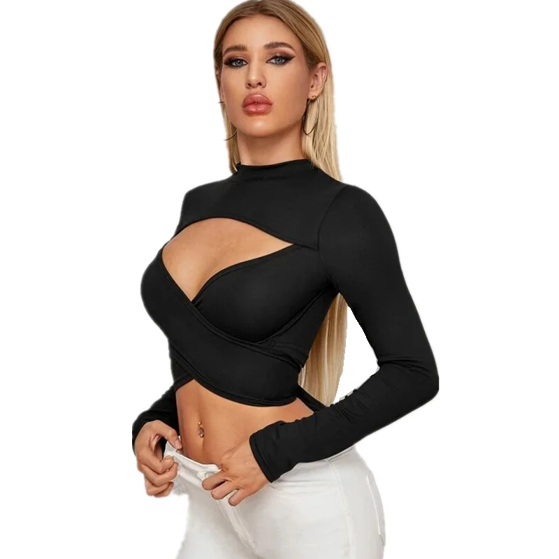 

2021 Autumn New Female Sexy Bare Chest V-neck Tie Knotted Short Sleeve Round Neck Tight Long Sleeve T-shirt Woman TshirtsSexy