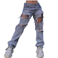 ripped straight leg jeans women full length vintage streetwear baggy denim pants causal fashion hole loose female trousers 6302
