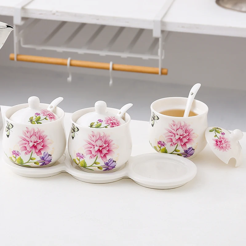 

3PCS/SET Ceramic Seasoning Boxes Kitchen Container Traditional Chinese Spice Jar Storage Can With Spoon and Shelf